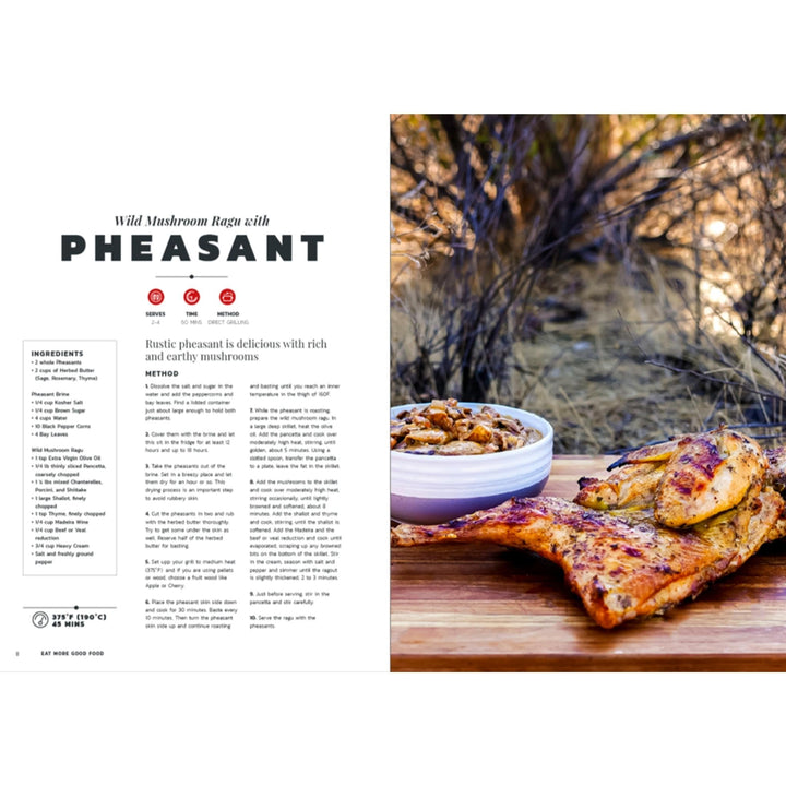 Open cookbook spread featuring pheasant recipe page with roasted bird on plate