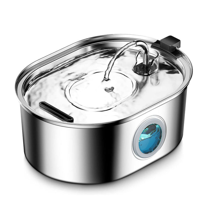 Stainless steel smart pet water dispenser with curved faucet and blue indicator window