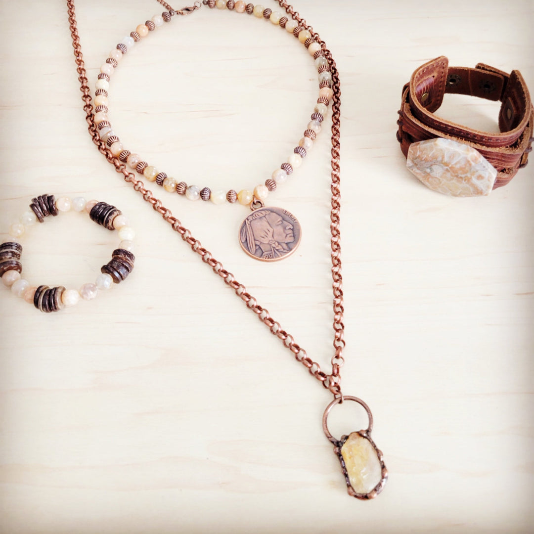Agate beaded necklace with Indian head pendant; brown leather wrap bracelet set