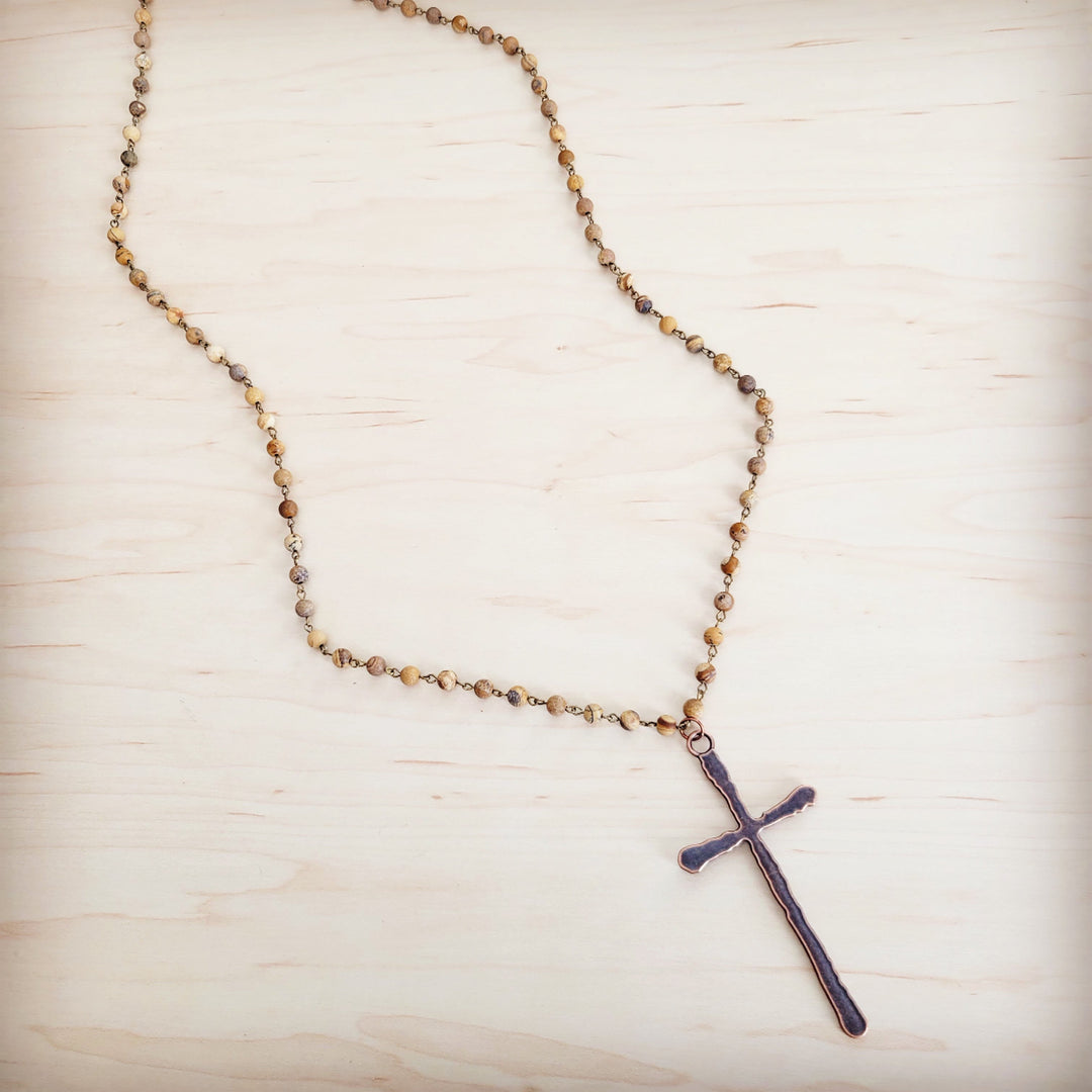 Long picture jasper bead necklace with antique copper cross pendant