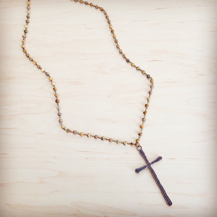 Long picture jasper bead necklace with antique copper cross pendant