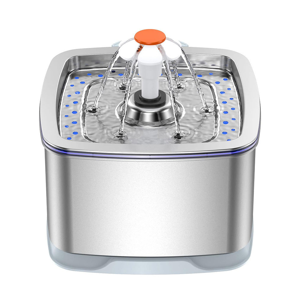 Stainless steel pet water dispenser with fountain nozzle and blue LED water channels