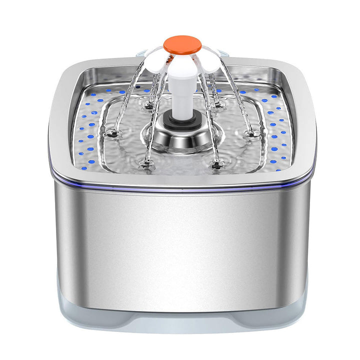 Stainless steel pet water dispenser with fountain nozzle and blue LED water channels