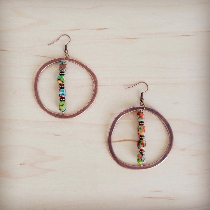 Multicolor beaded copper hoop earrings with long dangling bar