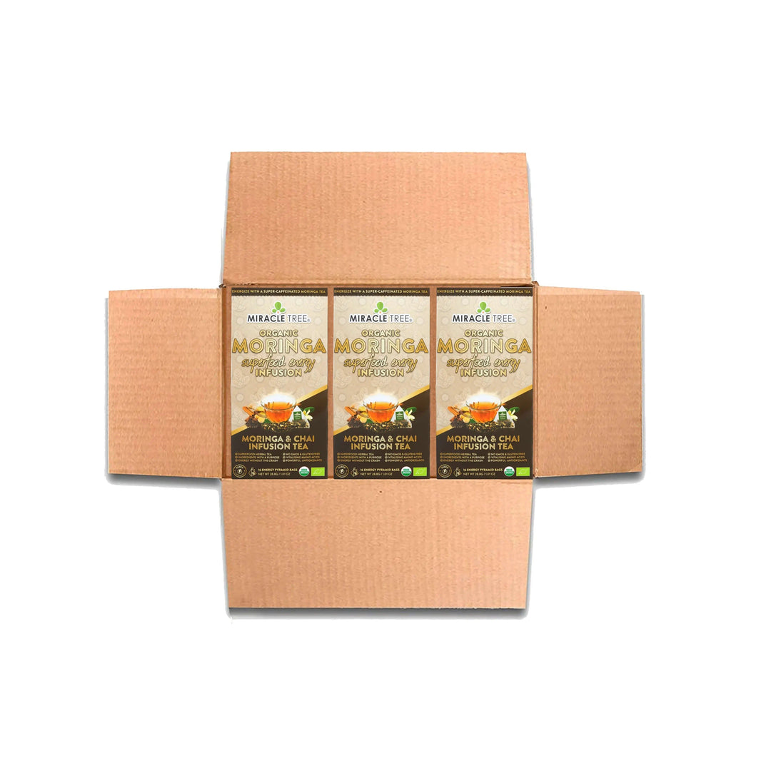 Cardboard multipack with three Miracle Tree organic moringa chai tea boxes