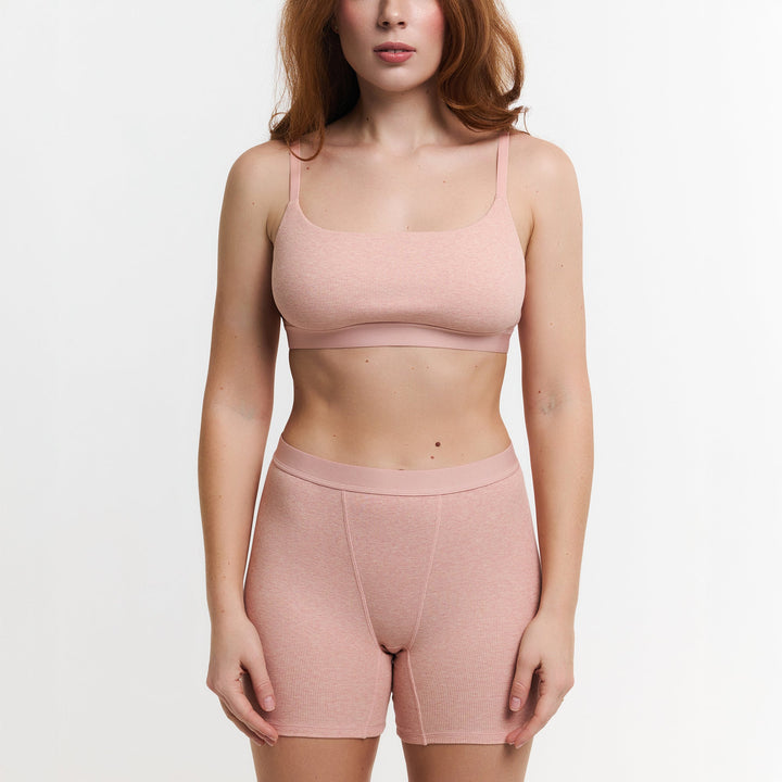 Peach botanical dye boxer briefs, ribbed knit with contoured pouch and short legs