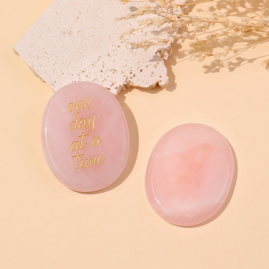 Pocket crystal stone pair in light pink with gold "one day at a time" text