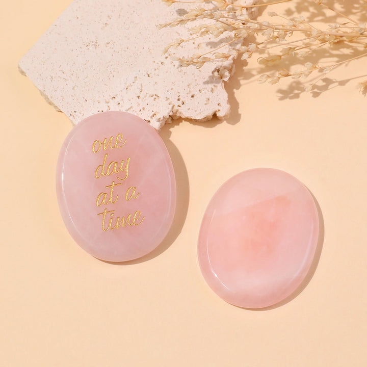 Pocket crystal stone pair in light pink with gold "one day at a time" text