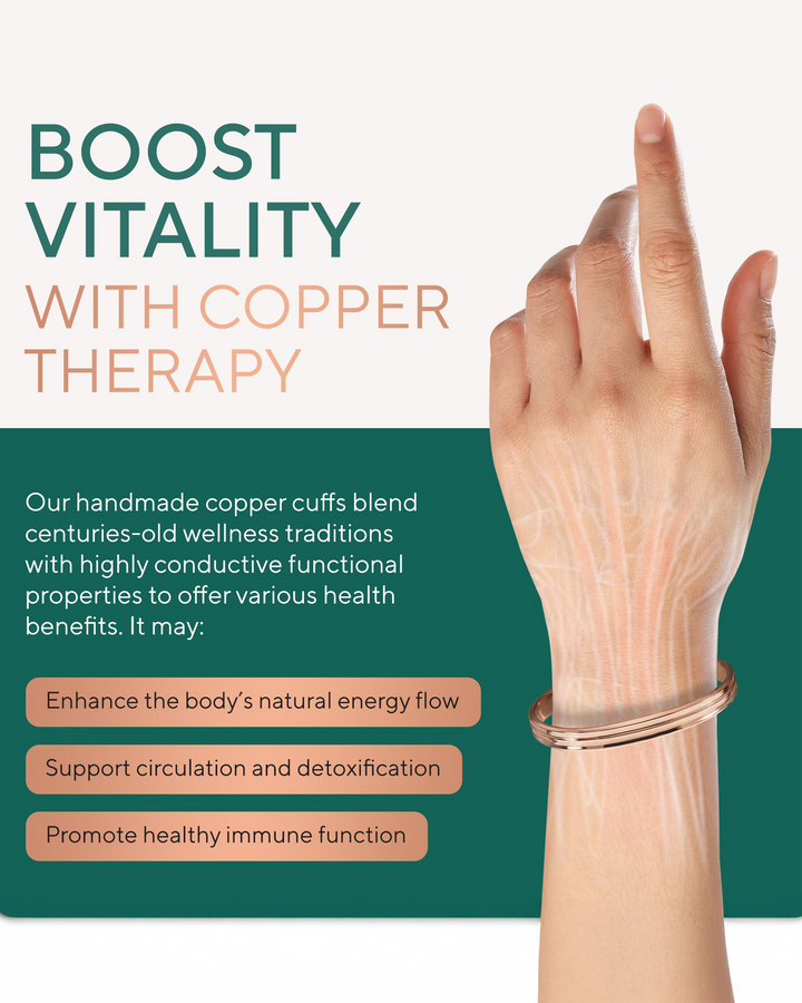 Copper cuff bracelet worn on wrist with wide oval band and stacked tiers