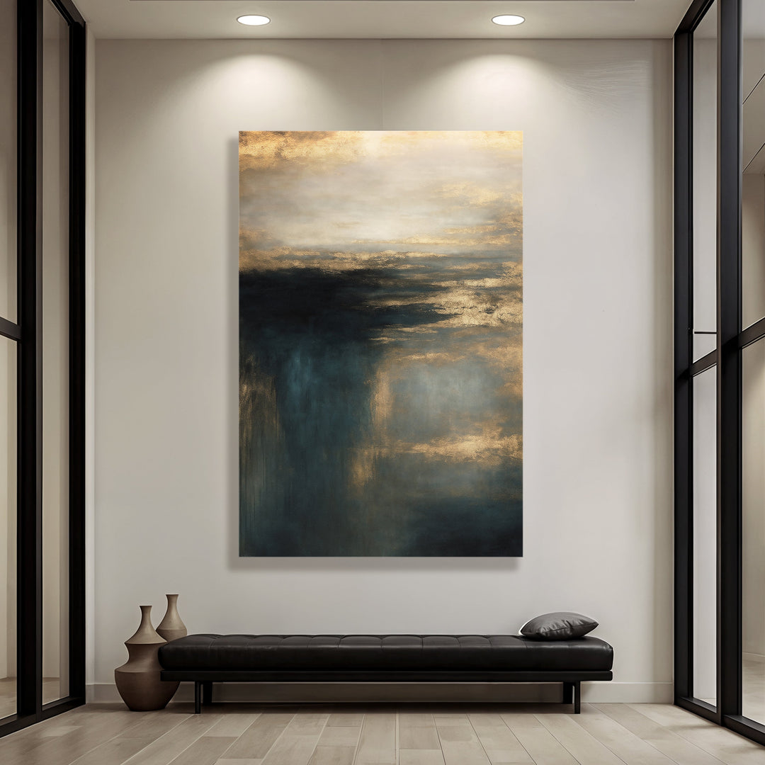 Landscape wall art canvas with teal and gold cloudscape sky, framed in black.