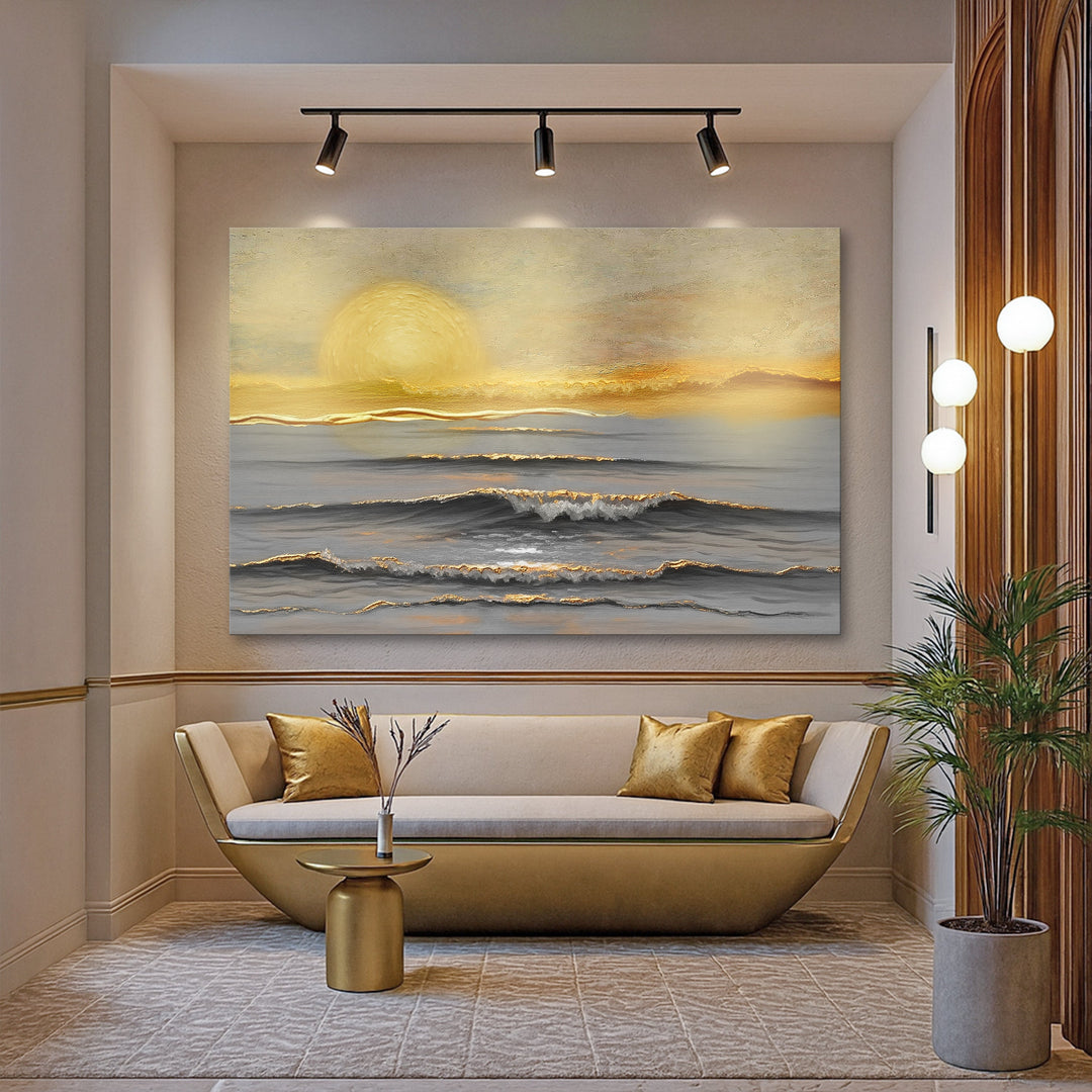 Seascape wall art canvas with golden sun and layered wave lines in living room