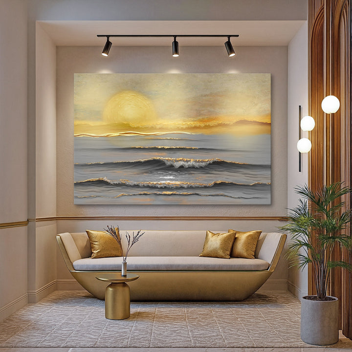 Seascape wall art canvas with golden sun and layered wave lines in living room