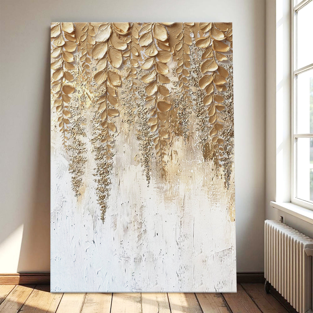 Gold and cream textured wisteria wall art canvas with vertical drip motif