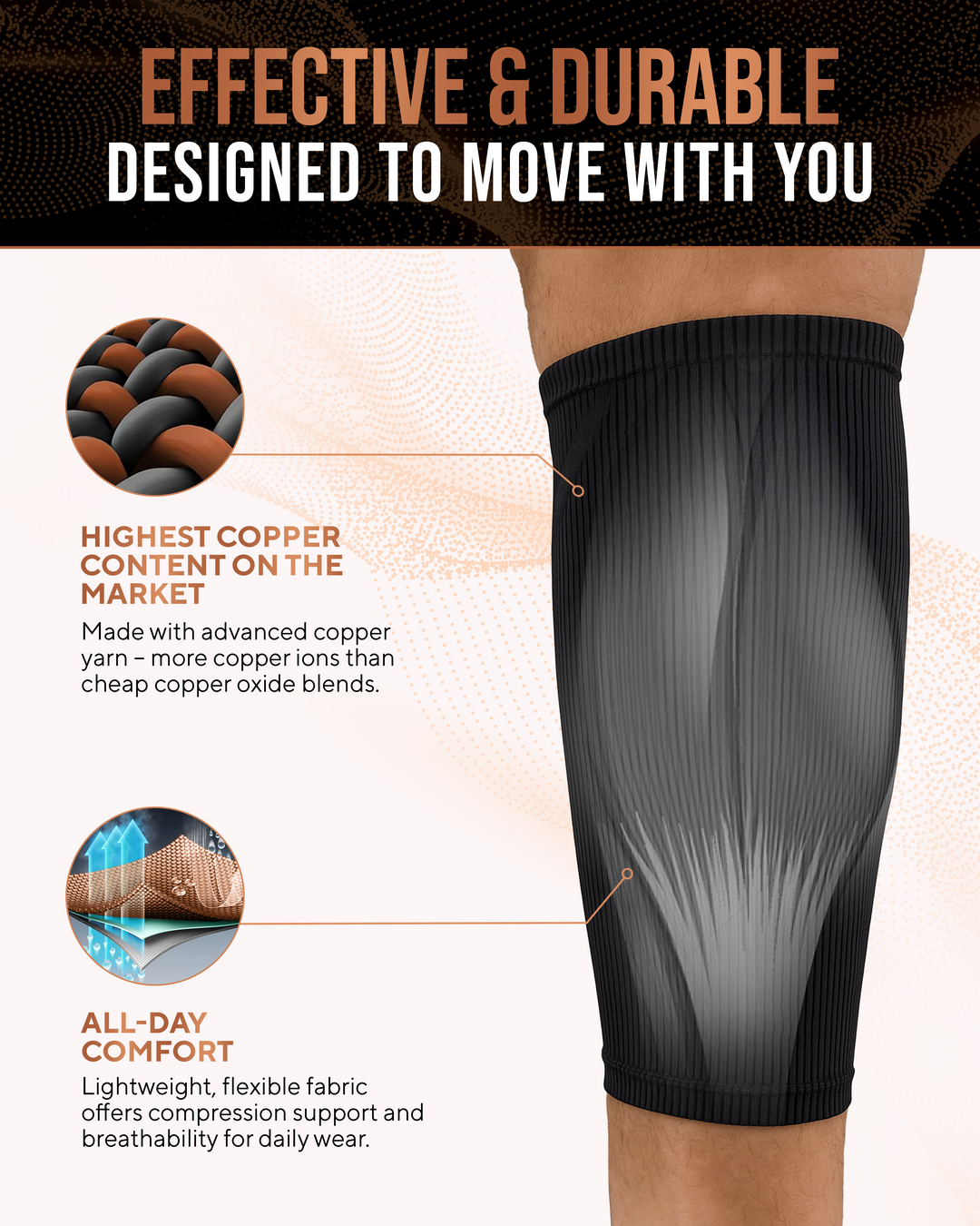 Black ribbed compression calf sleeve with logo patch at the back