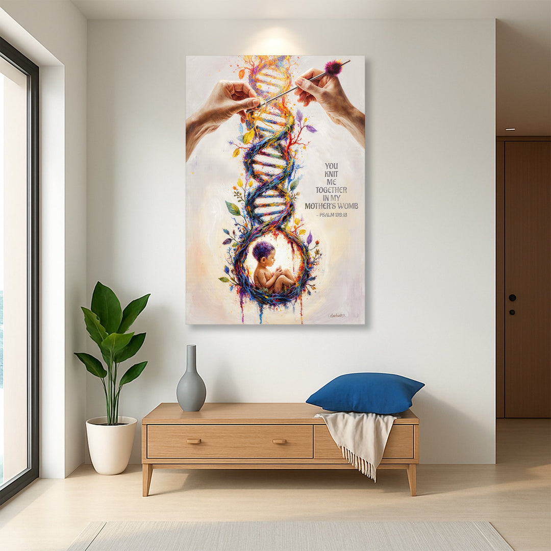 Vertical framed canvas wall art with colorful DNA heart, baby figure, and floral details