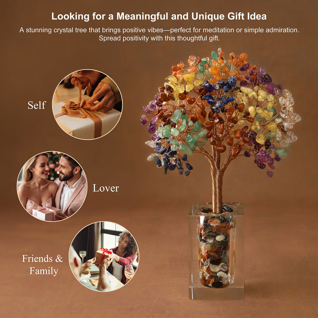 Multicolored crystal tree ornament with bead branches in a clear cube base