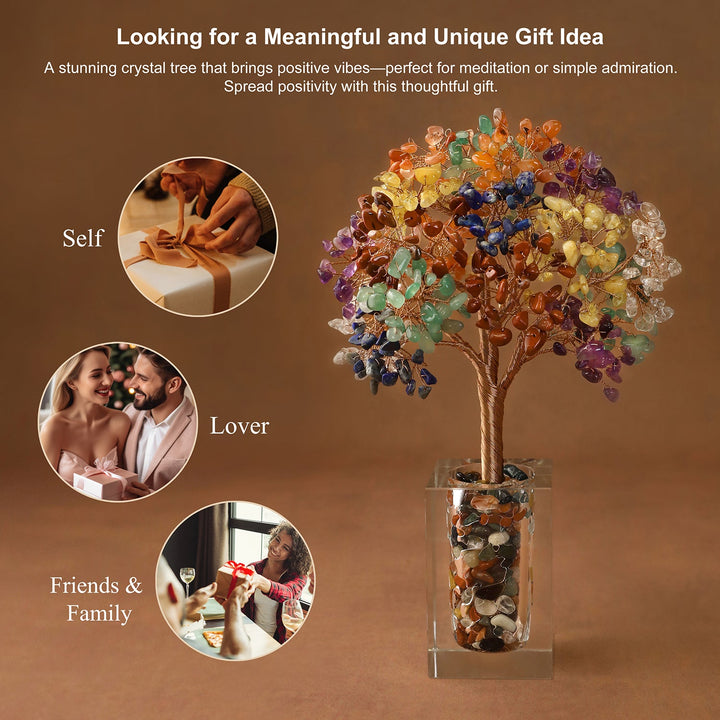 Multicolored crystal tree ornament with bead branches in a clear cube base