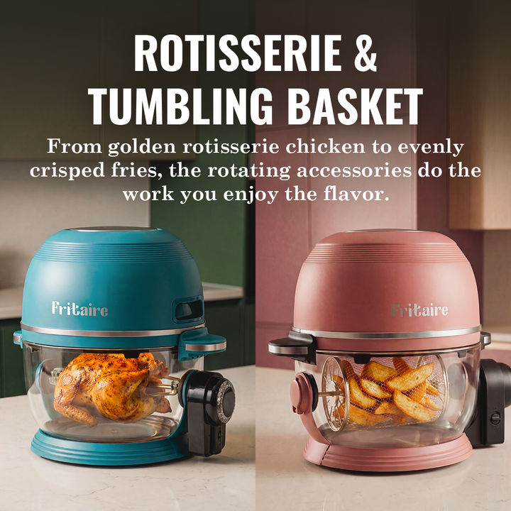 Two countertop air fryers with clear glass bowls, one teal and one rose
