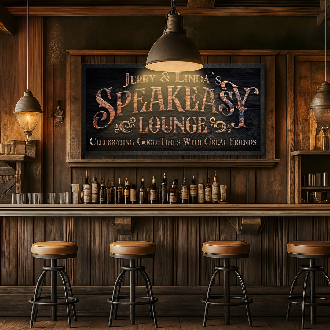 Speakeasy lounge wall sign above bar shelves, featuring copper lettering and decorative script.