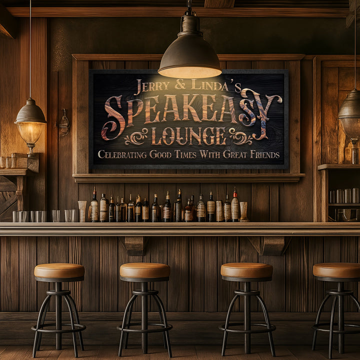 Speakeasy lounge wall sign above bar shelves, featuring copper lettering and decorative script.