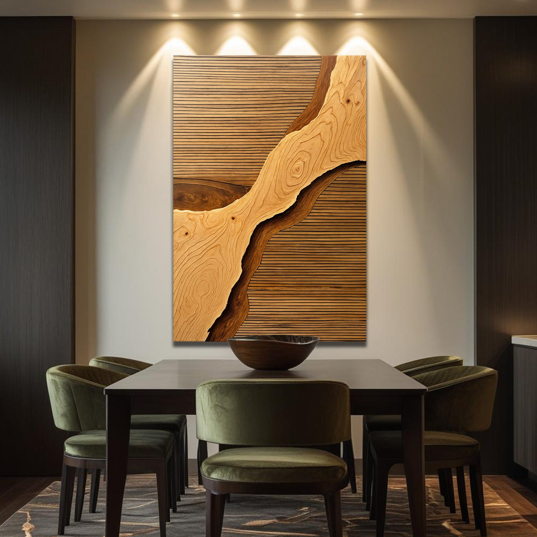 Wood rift wall art landscape framed on wall above a dining table setting