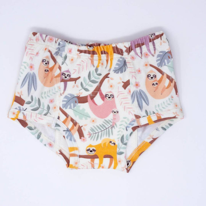 Kids training underpants in cream with colorful sloth and jungle animal pattern, elastic waist