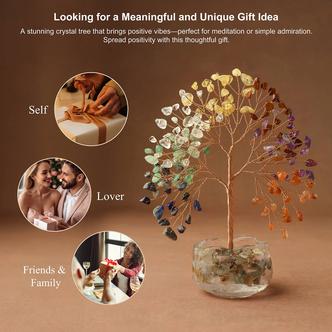 Multicolor crystal tree decor with gem leaves on a wire trunk and clear glass bowl base