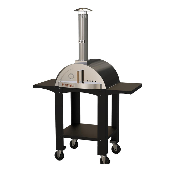 Wood-fired pizza oven on cart, gray dome, black shelves and caster wheels