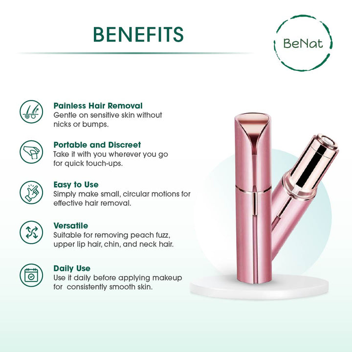 BeNAt portable facial hair remover with rose-pink shaver body and included charging cord