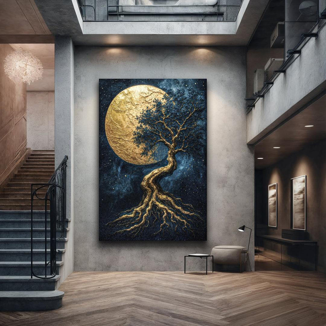 Tree of life artwork in dark blue and gold, featuring a golden moon and detailed roots