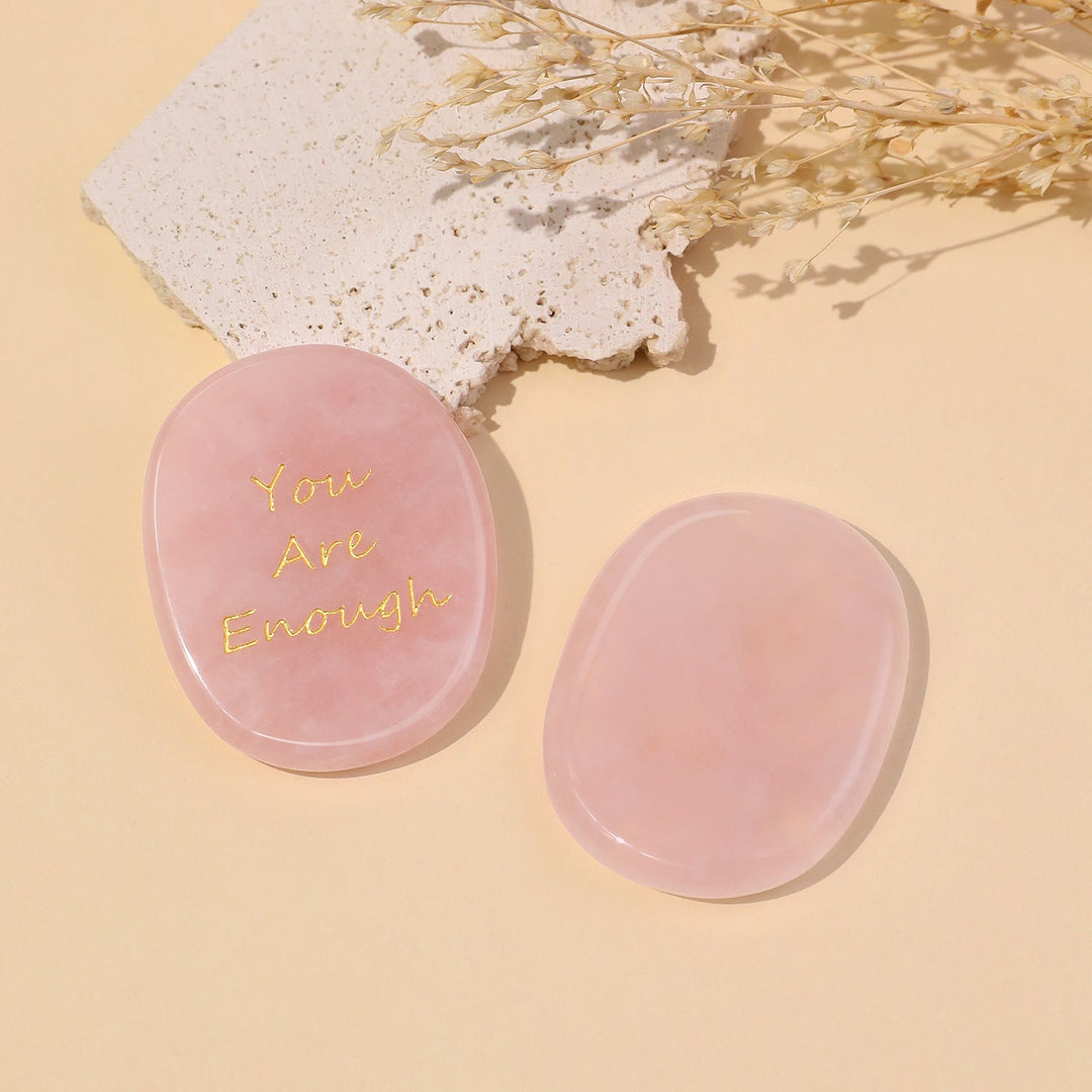 Pink oval pocket crystal stones engraved with "You Are Enough" (pair)
