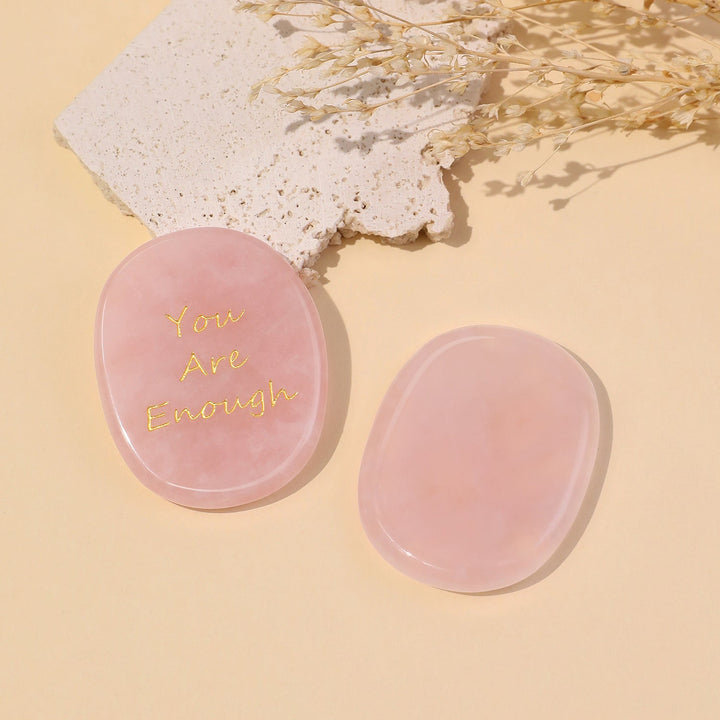 Pink oval pocket crystal stones engraved with "You Are Enough" (pair)