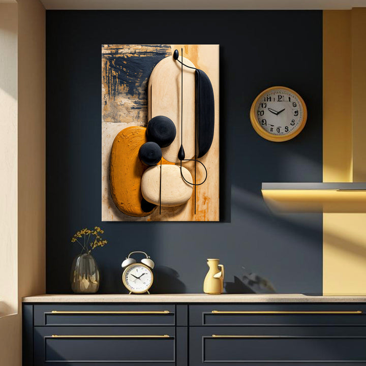 Abstract wall art canvas with cream, orange, and dark navy shapes and floating black circles