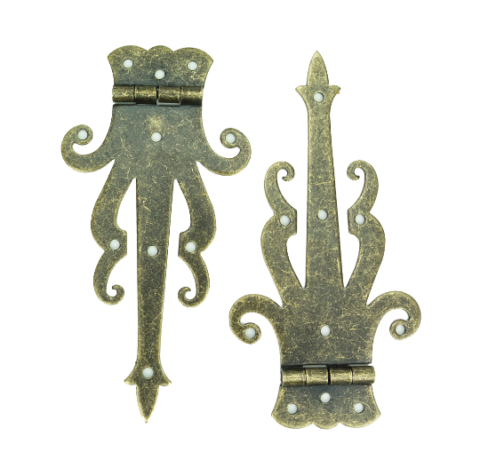Bronze decorative strap hinges with ornate feather-like scroll details and pins