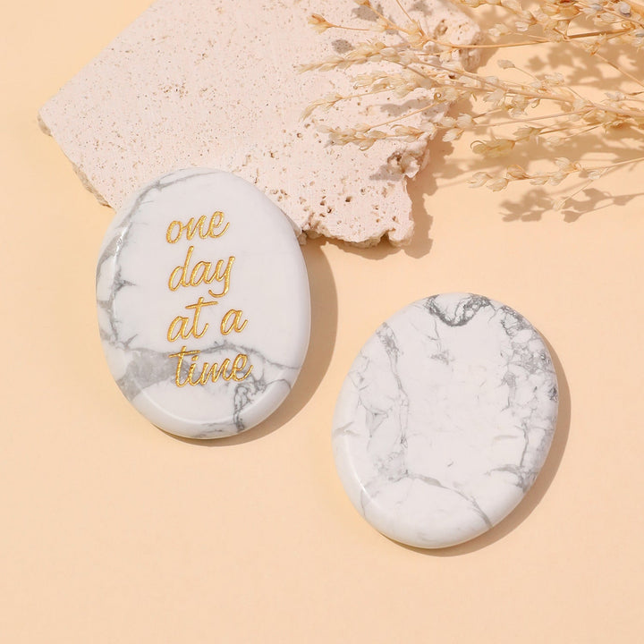 Pocket crystal stone pair in white with gray veining and gold "one day at a time"