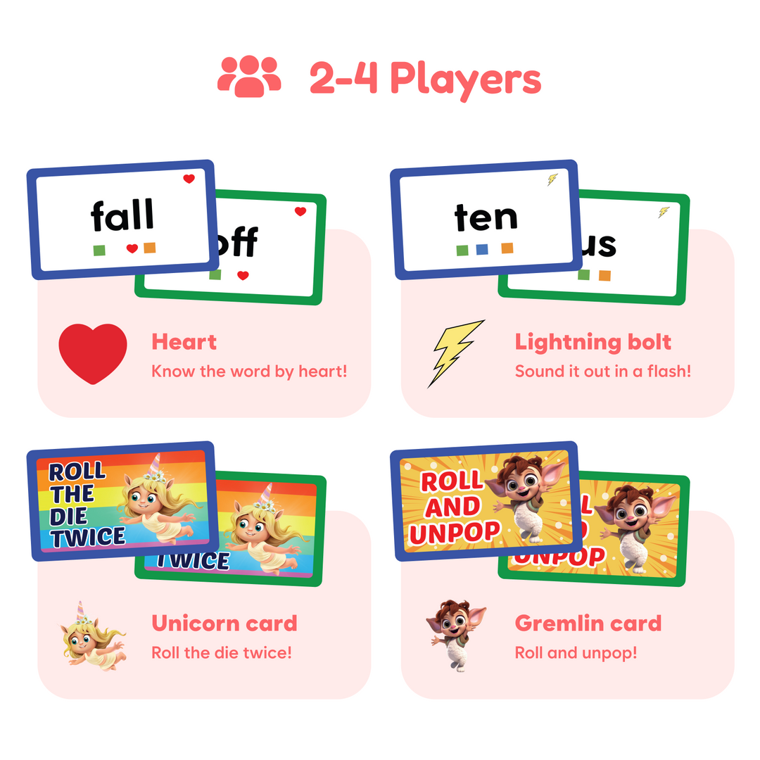 Sight words word cards for 2–4 players with heart and lightning prompts