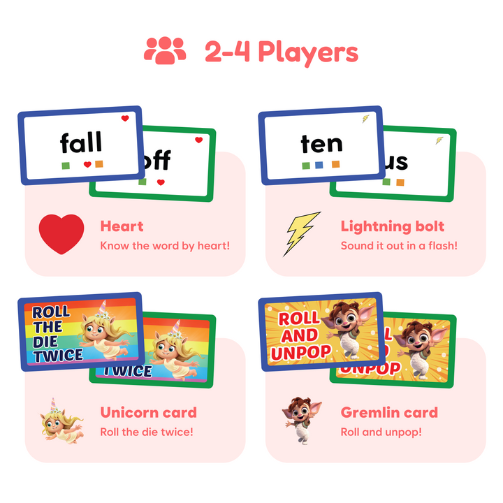 Sight words word cards for 2–4 players with heart and lightning prompts