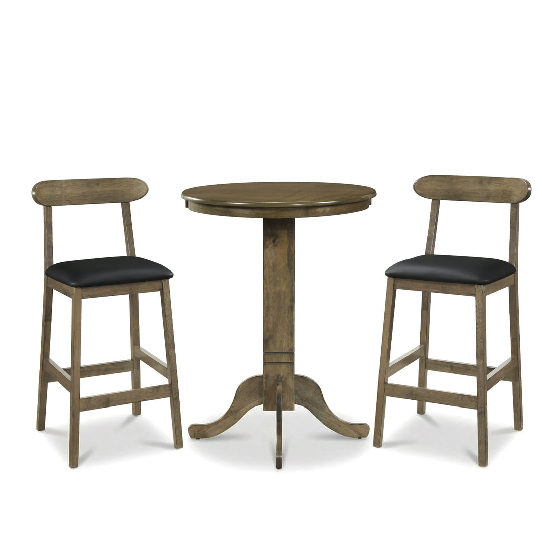 Pedestal round pub table with two stools; dark wood tops and black seat cushions