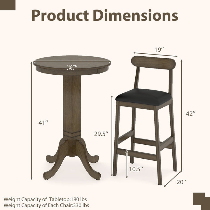 3-piece pub table set size diagram with round pedestal tabletop and two armless stools