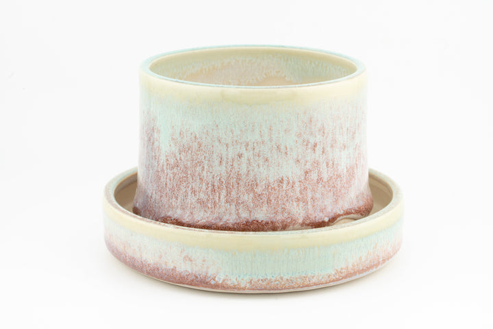 Tabletop planter set with drainage, pale pink and mint glazed pots with matching tray.