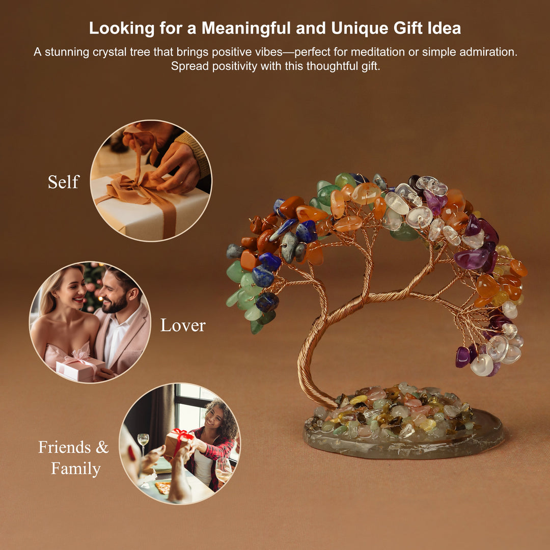 Multicolor crystal tree with wire branches and gemstone beads on a round stone base