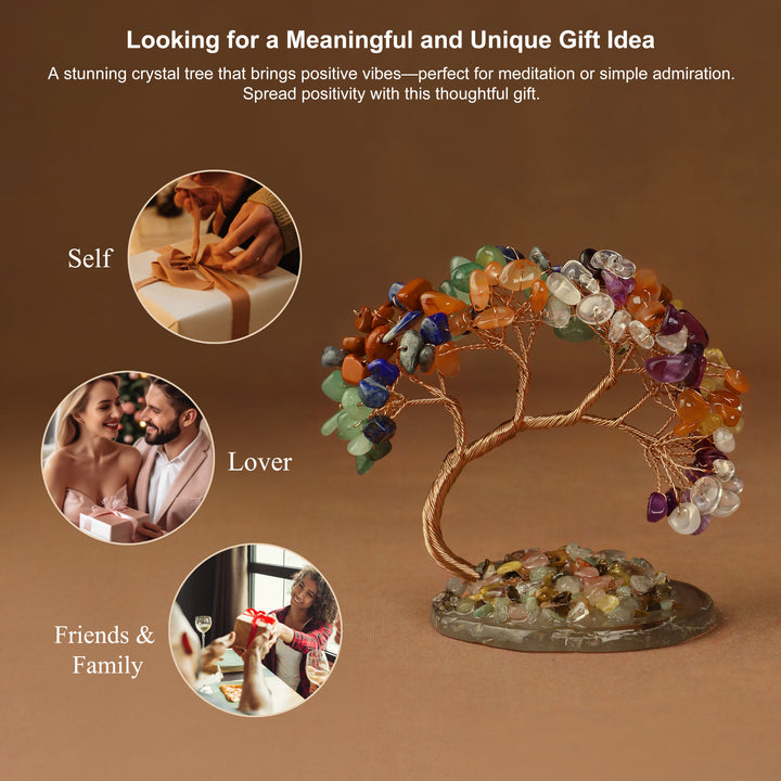 Multicolor crystal tree with wire branches and gemstone beads on a round stone base