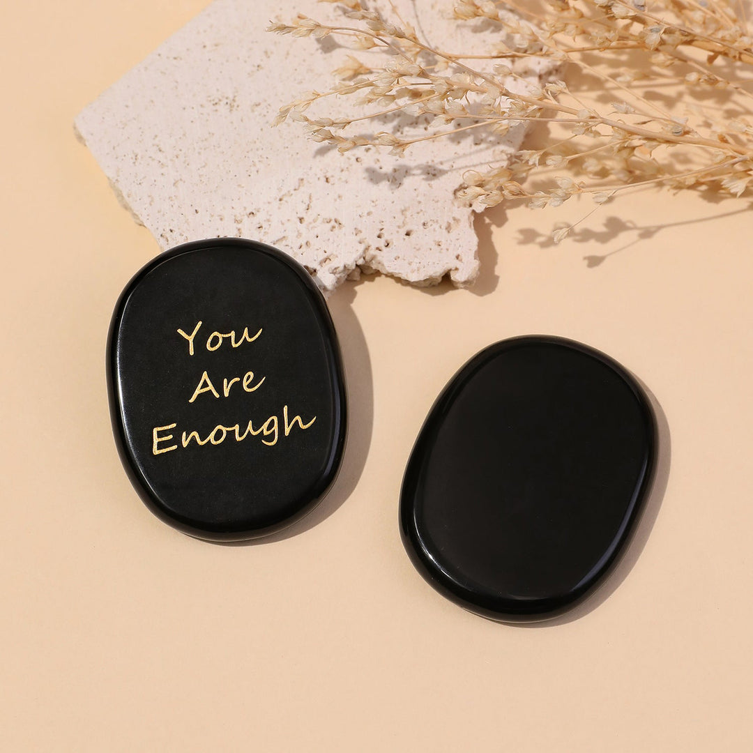 Black oval pocket crystal stones engraved "You Are Enough" (pair)
