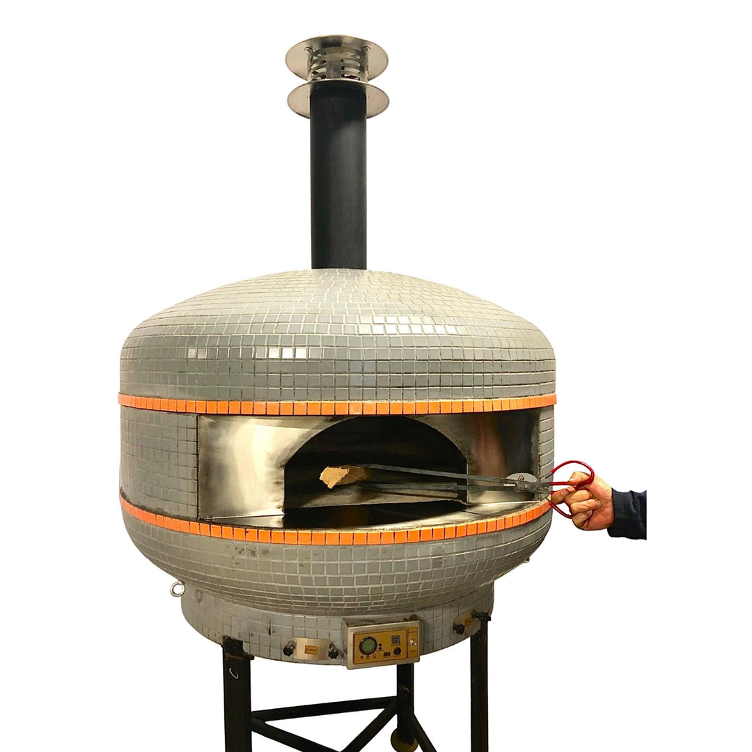 Wood-fired pizza oven with open front and stainless chimney flue