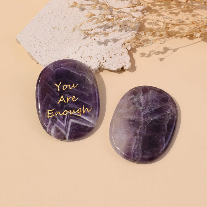 Purple oval pocket crystal stones engraved "You Are Enough" (pair)