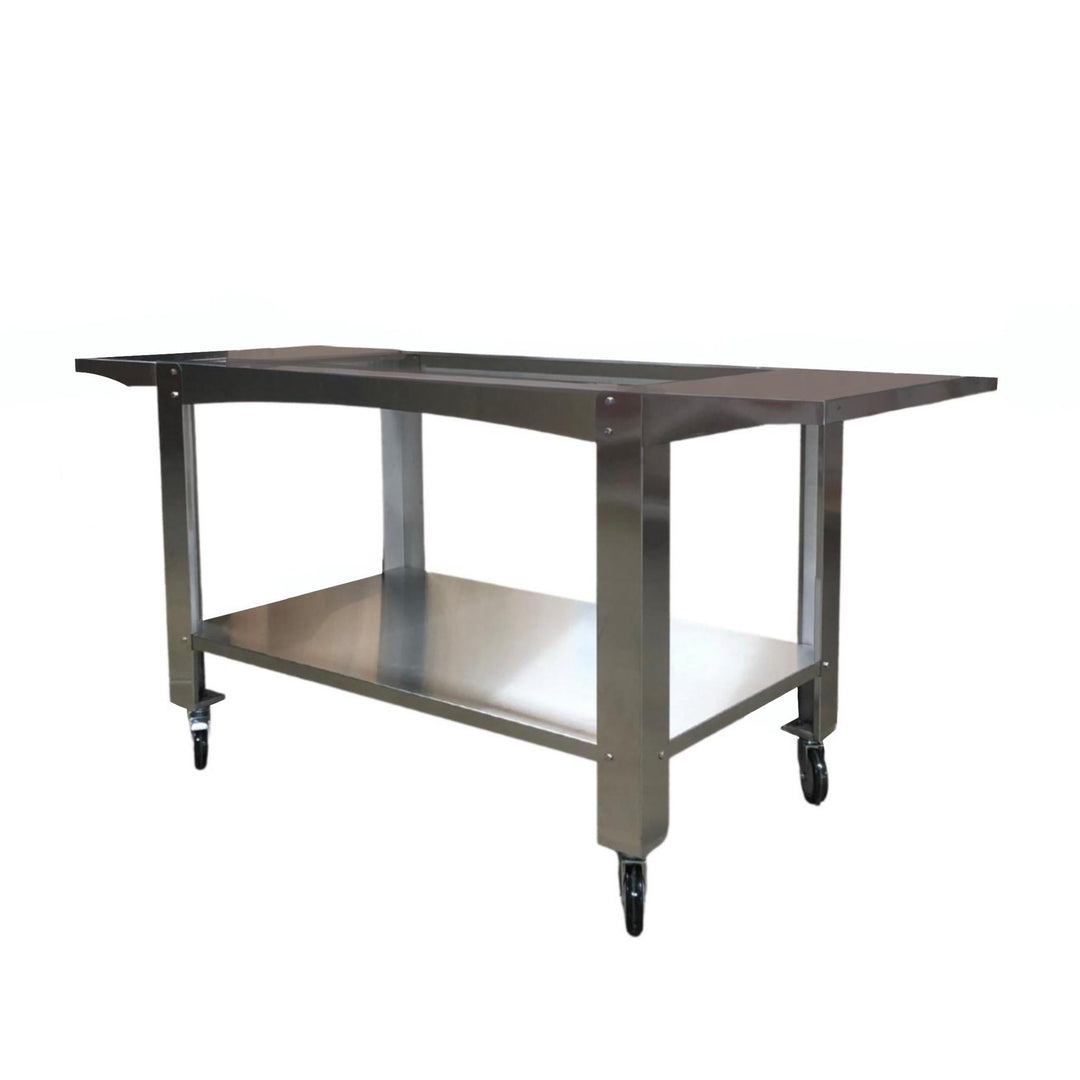 Stainless steel cart stand with flat top, open shelf, and four rolling casters