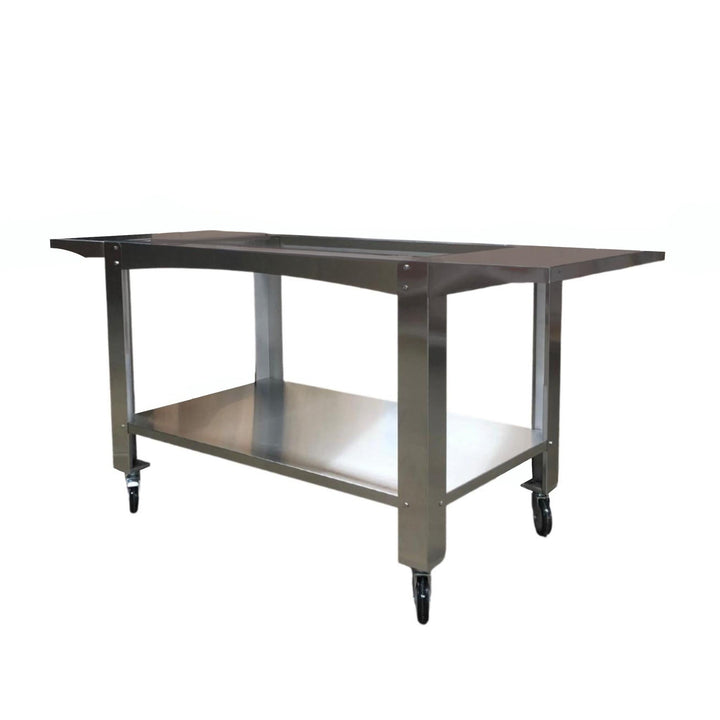 Stainless steel cart stand with flat top, open shelf, and four rolling casters
