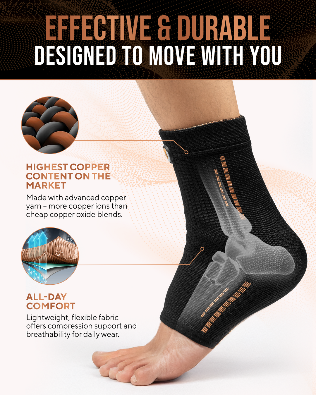 Black ankle compression sleeve with ribbed cuff and orange copper stitch detailing