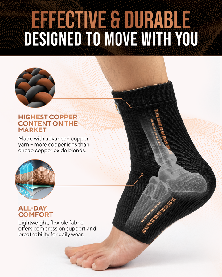 Black ankle compression sleeve with ribbed cuff and orange copper stitch detailing