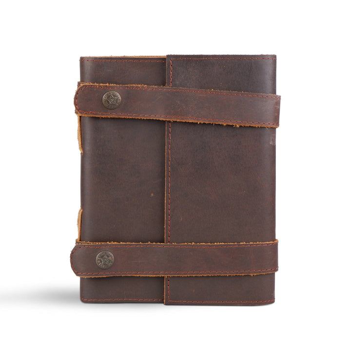 Dark brown leather journal with two snap closures and stitched trim